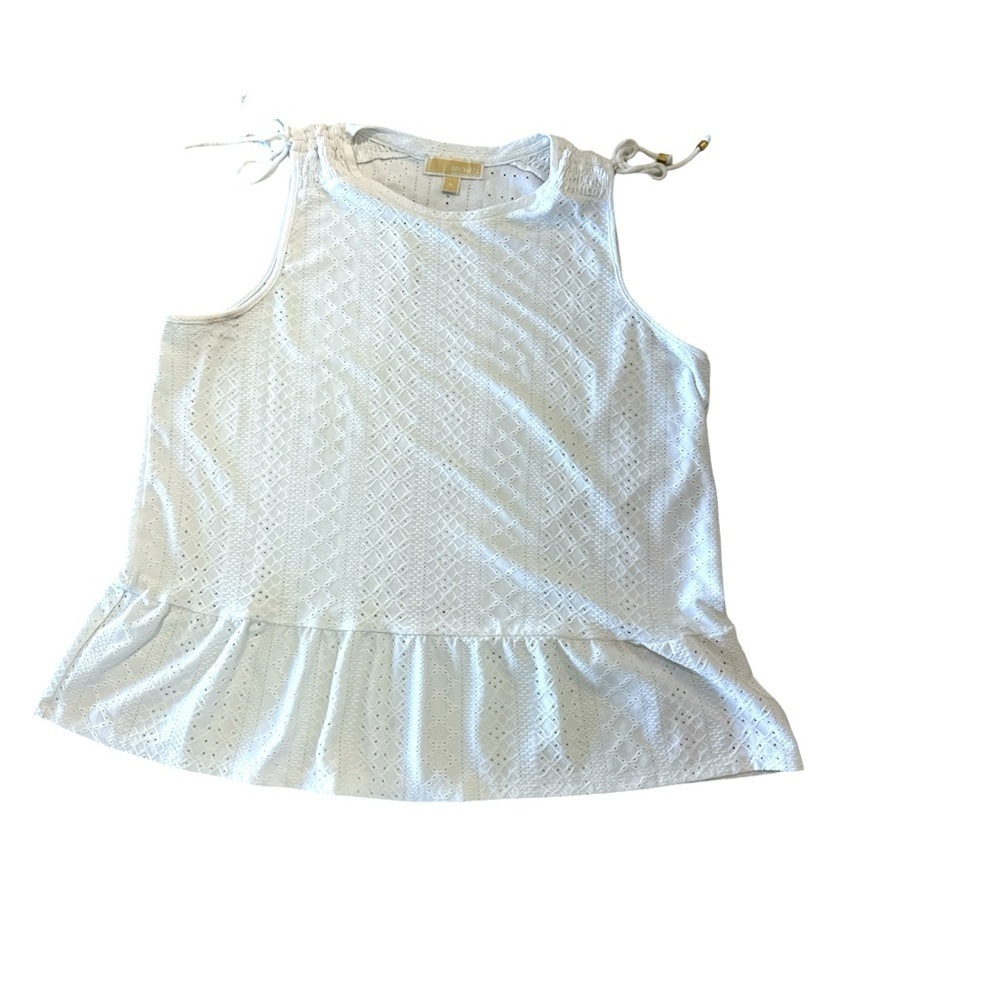 Michael Kors white stretch eyelet top w/ tie shoulder detail & ruffled waist XL